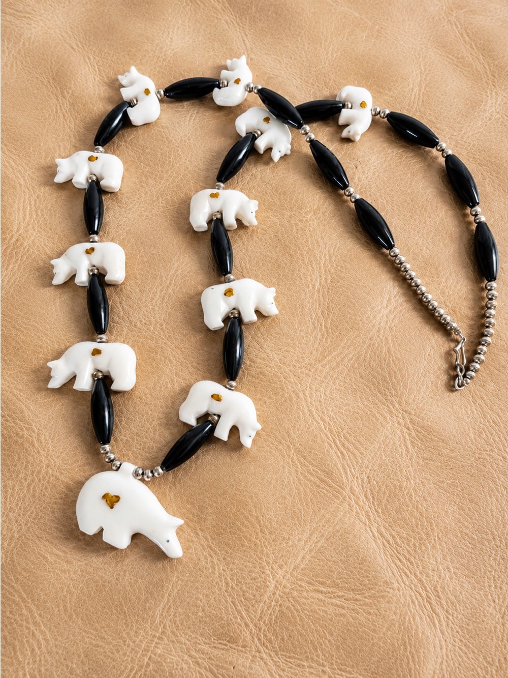 Vintage 1990s Southwestern Bear Fetish Necklace Gold Nugget Sterling 34”